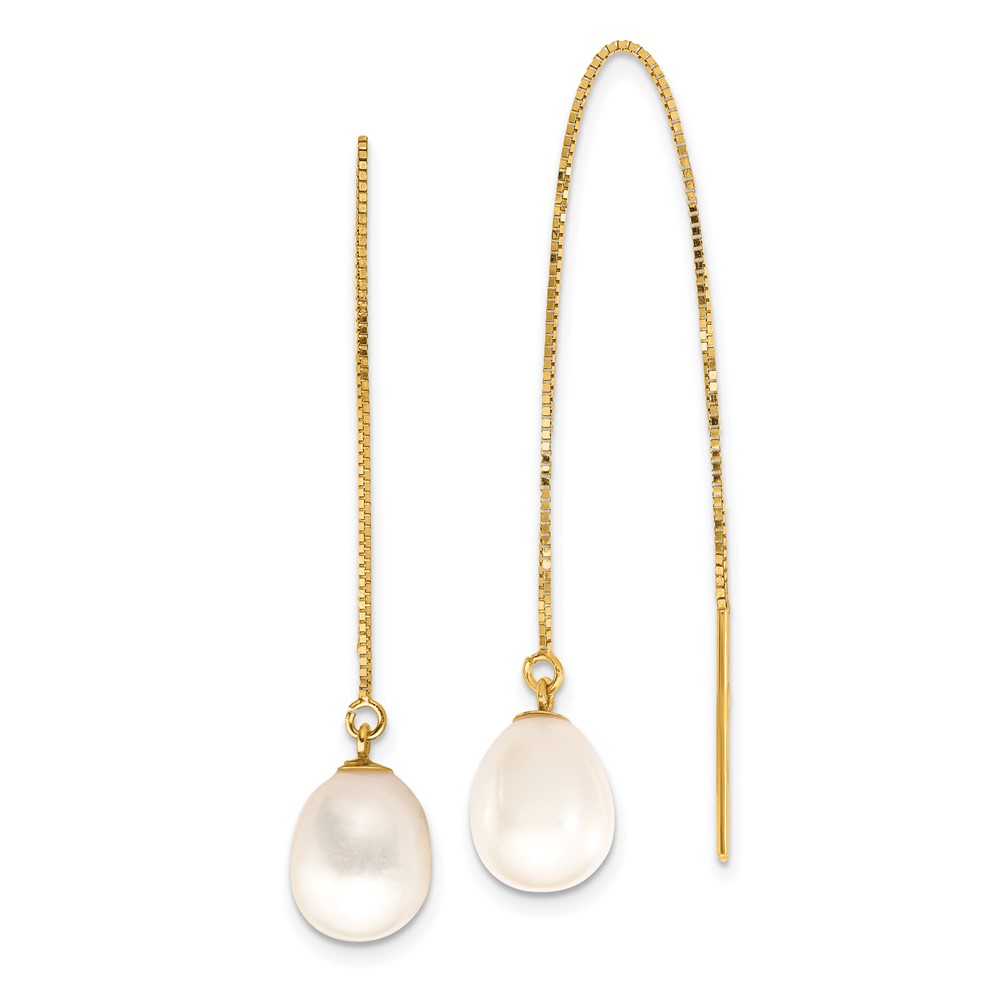 14k 7-8mm White Teardrop FW Cultured Pearl Box Chain Threader Earrings