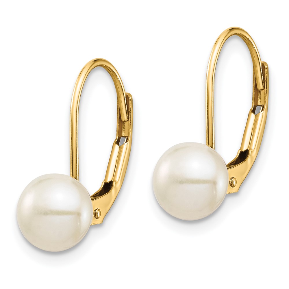 14K 6-7mm White Button Freshwater Cultured Pearl Leverback Earrings (XF715E)