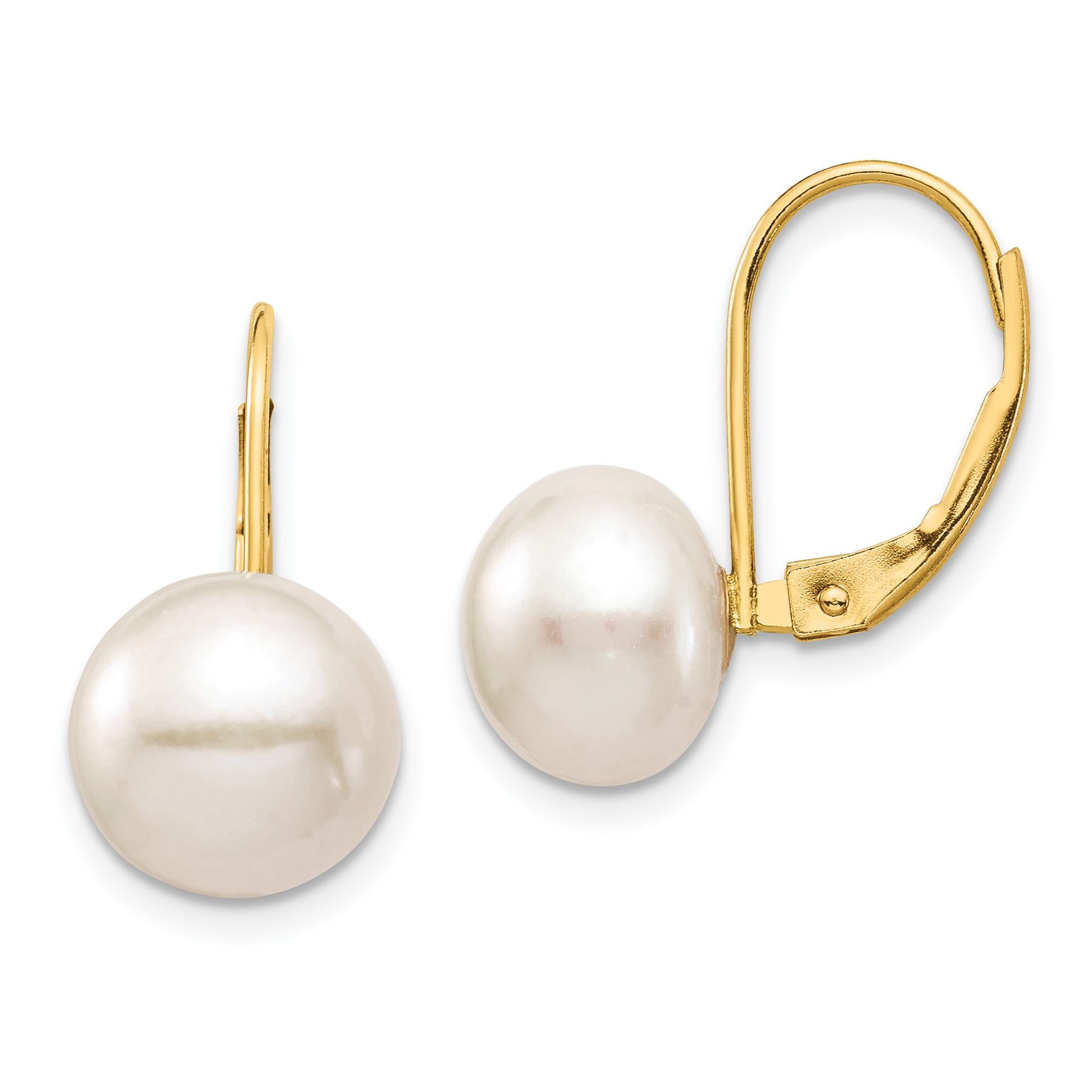 14K 9-10mm White Button Freshwater Cultured Pearl Leverback Earrings (XF716E)