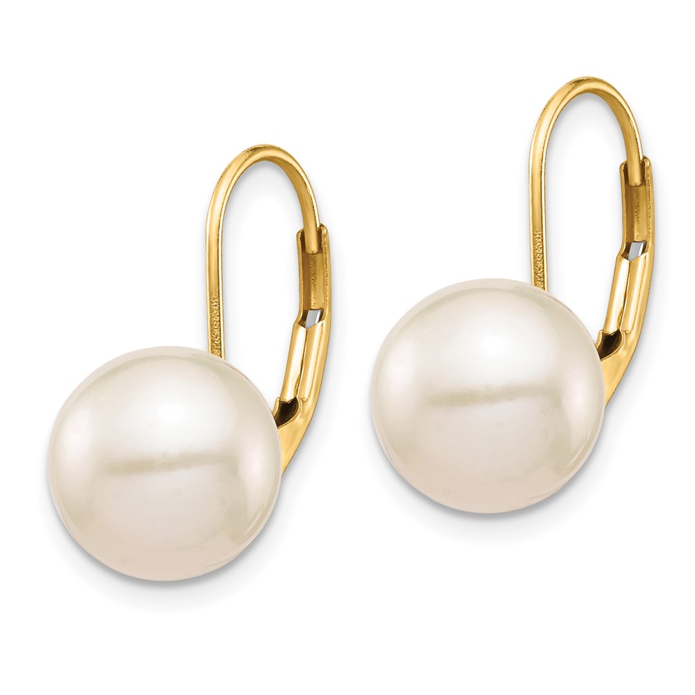 14K 9-10mm White Round Freshwater Cultured Pearl Leverback Earrings (XF717E)