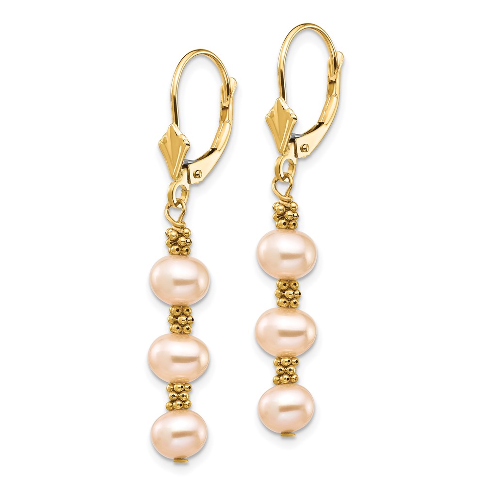 14k 5-6mm Pink Semi-Round Freshwater Cultured Pearl Dangle Leverback Earrings (XF719E)
