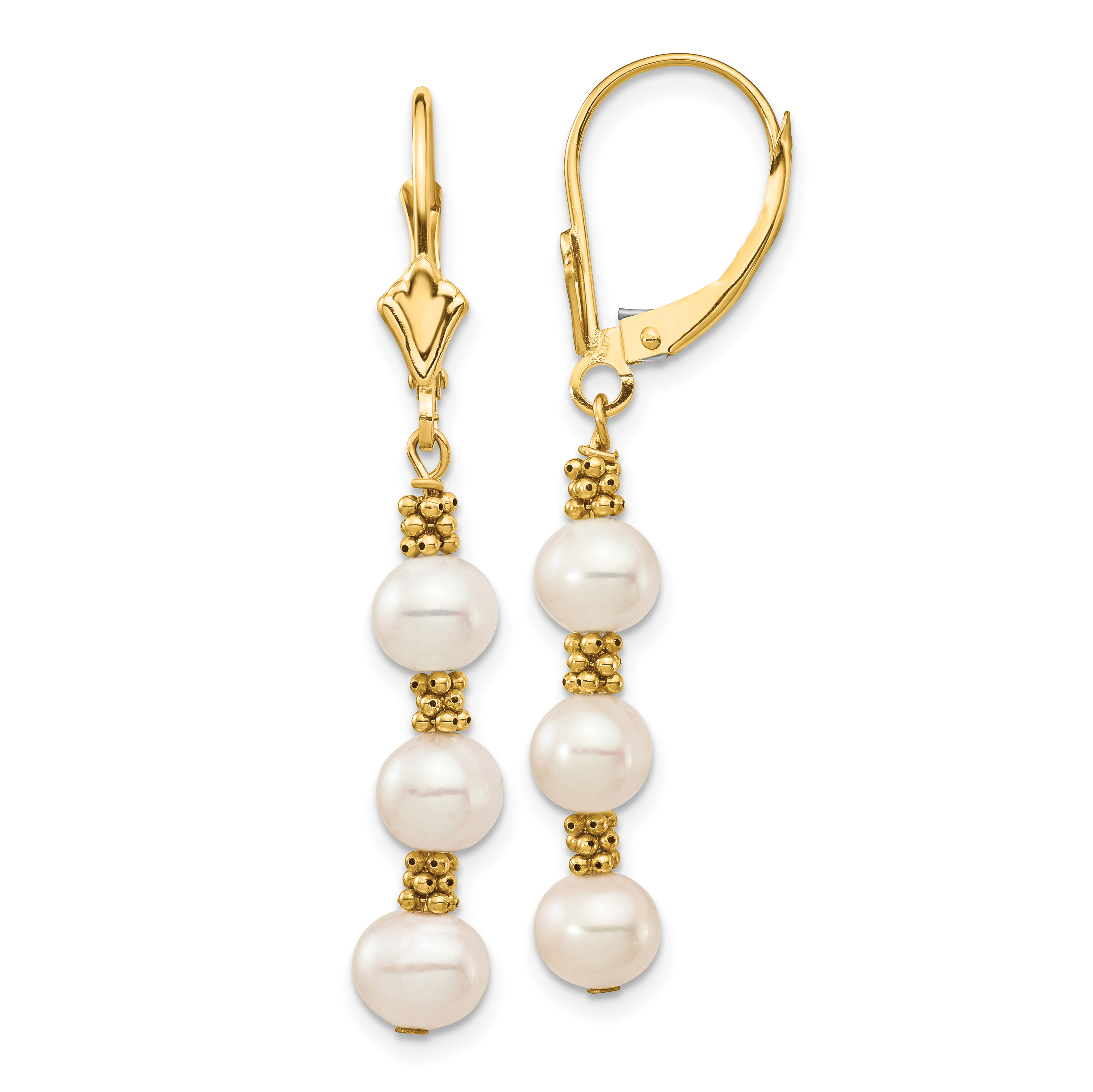 14k 5-6mm White Semi-Round Freshwater Cultured Pearl Dangle Leverback Earrings (XF720E)