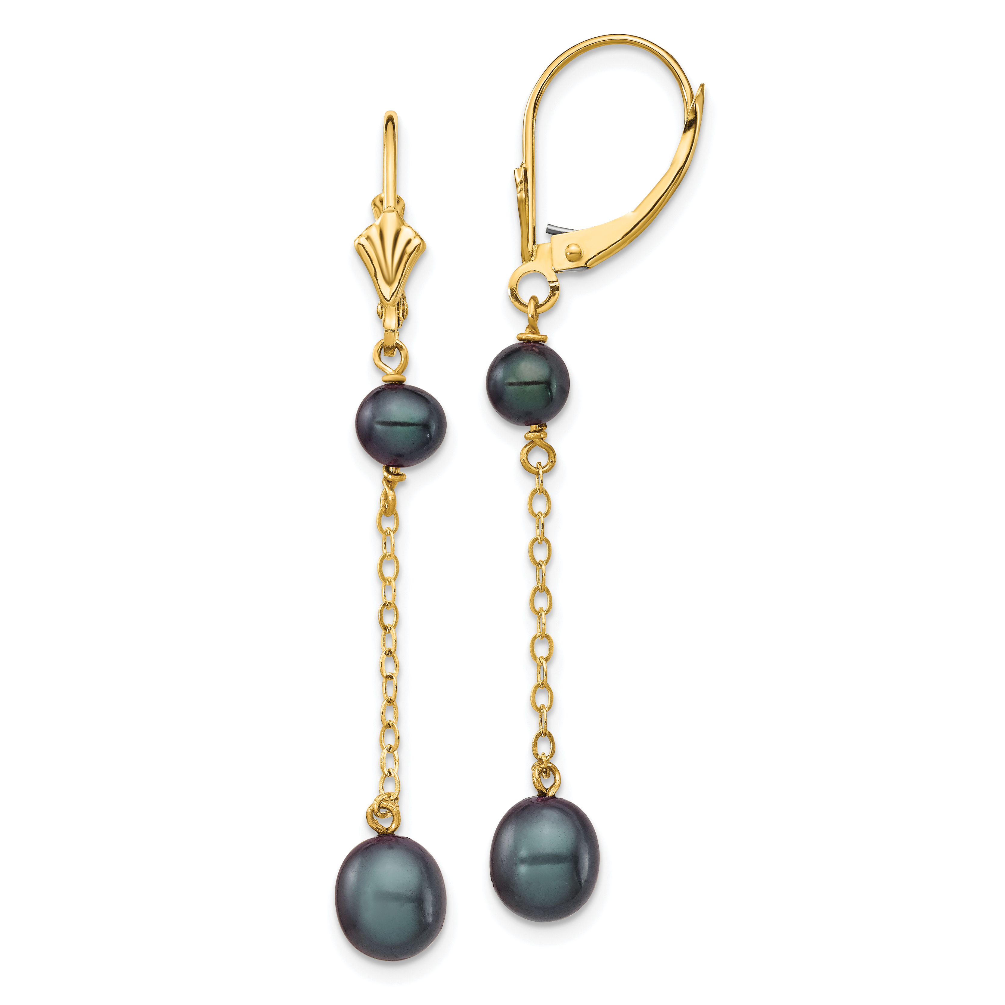 14k 5-7mm Black Rice and Semi-Round Freshwater Cultured Pearl Dangle Leverback Earrings (XF721E)