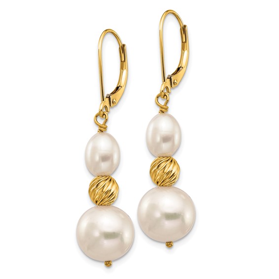 14k 6-10mm White Round and Rice Freshwater Cultured Pearland Diamond-cut Beaded Dangle Leverback Earrings
