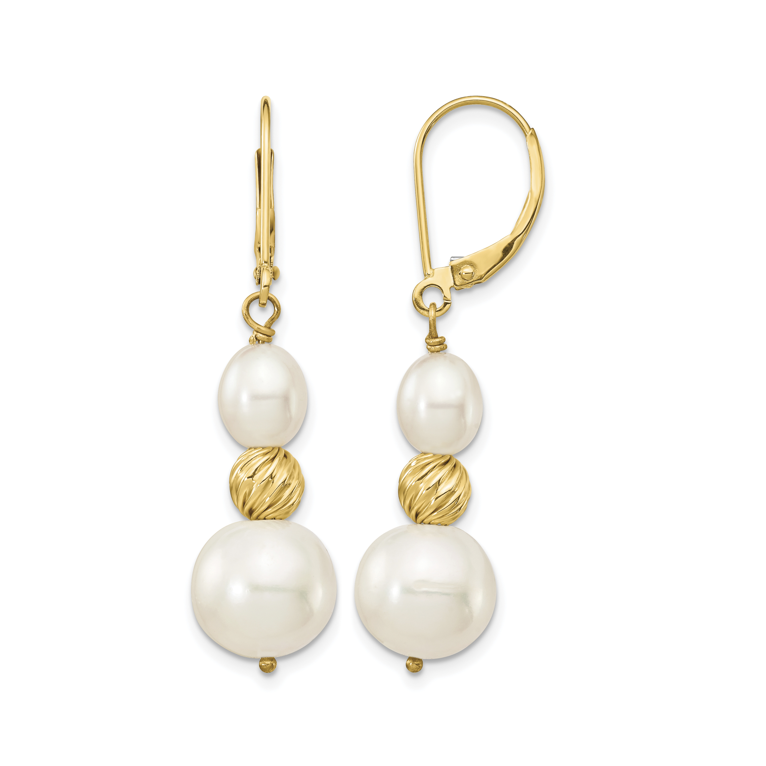 14k 6-10mm White Round and Rice Freshwater Cultured Pearland Diamond-cut Beaded Dangle Leverback Earrings (XF723E)