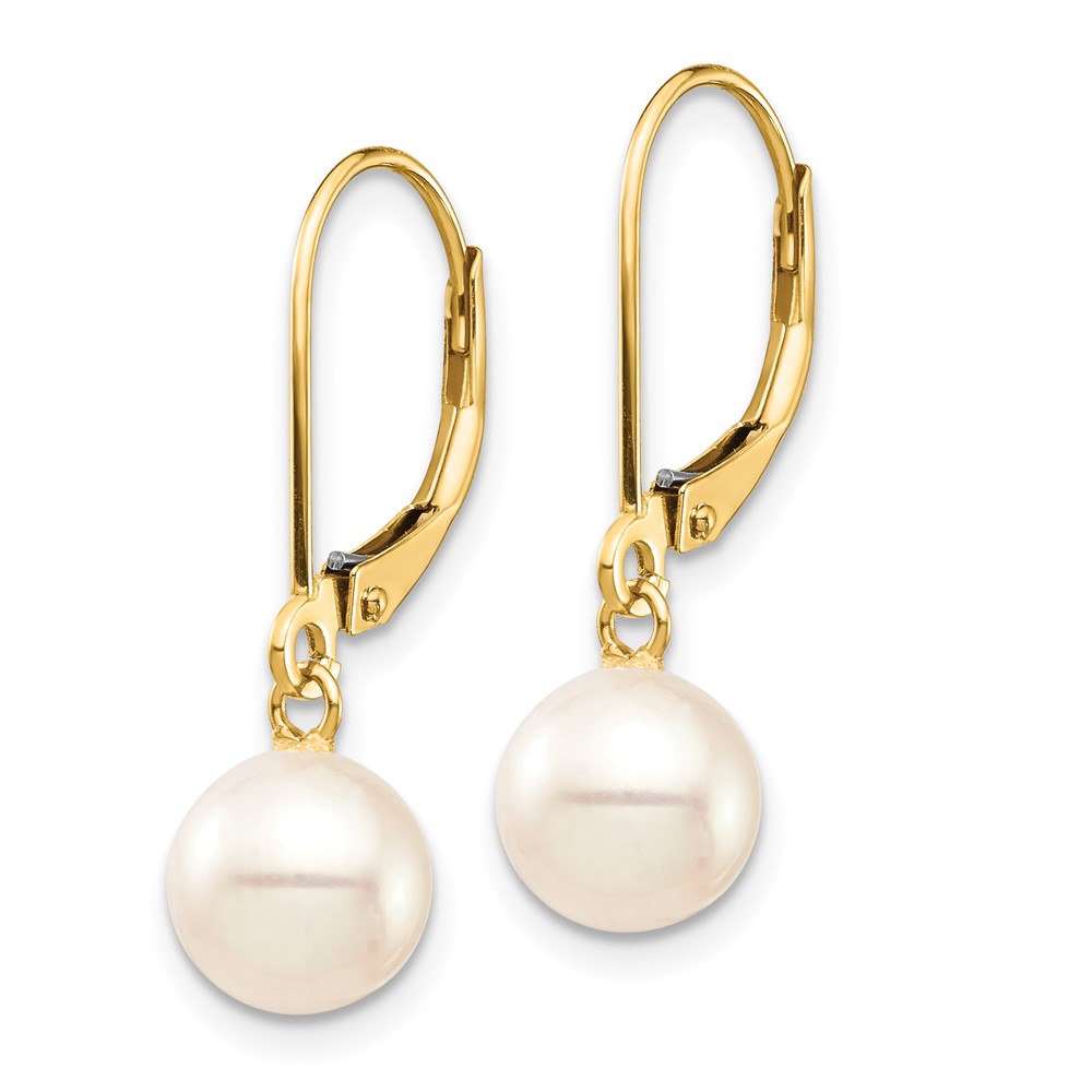14k 7-8mm White Round Freshwater Cultured Pearl Dangle Leverback Earrings (XF725E)