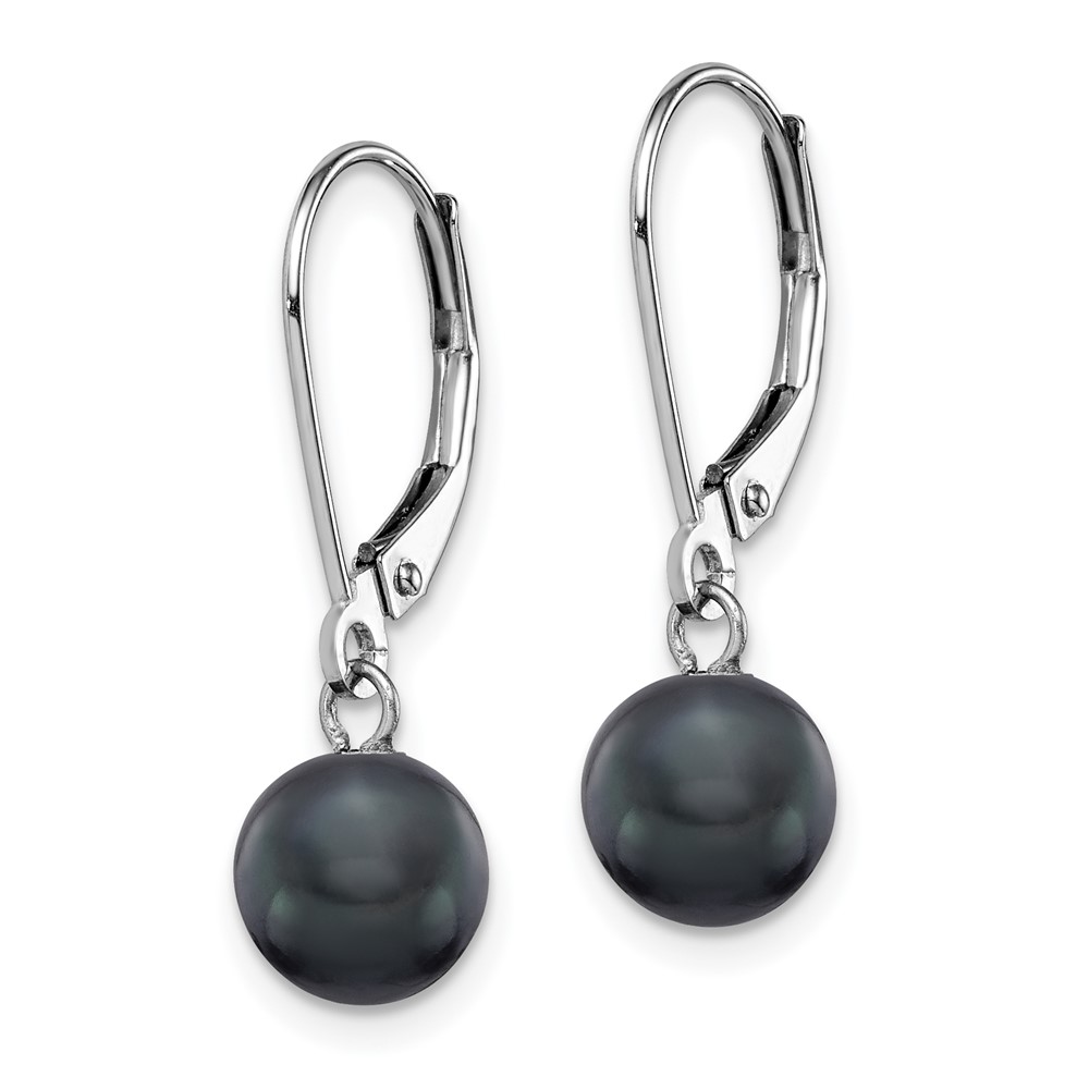 14k White Gold 7-8mm Black Round Freshwater Cultured Pearl Dangle Leverback Earrings (XF726E)