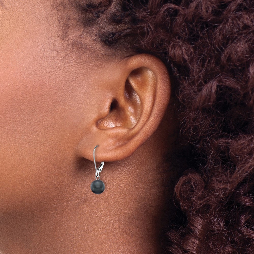 14k White Gold 7-8mm Black Round Freshwater Cultured Pearl Dangle Leverback Earrings (XF726E)