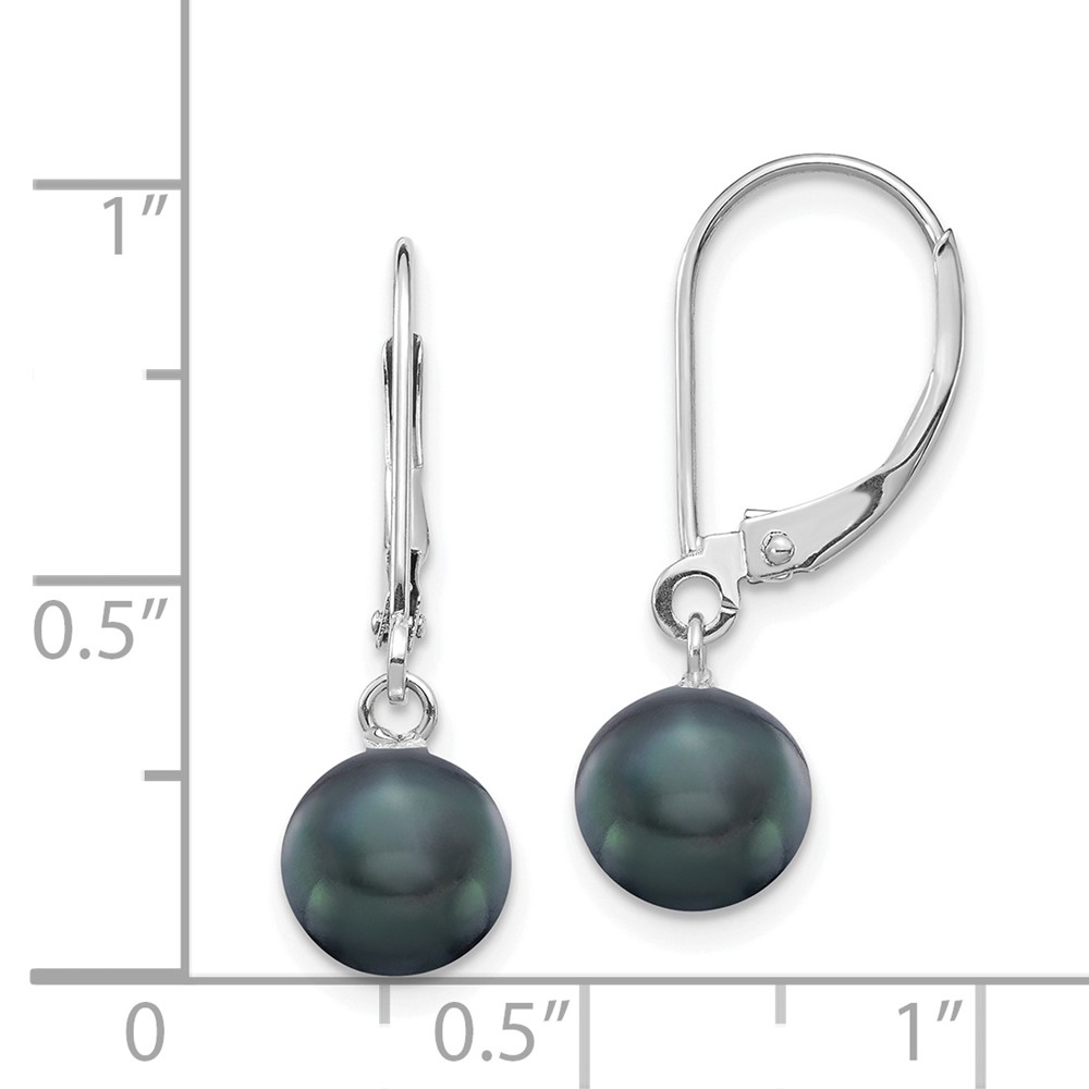 14k White Gold 7-8mm Black Round Freshwater Cultured Pearl Dangle Leverback Earrings (XF726E)
