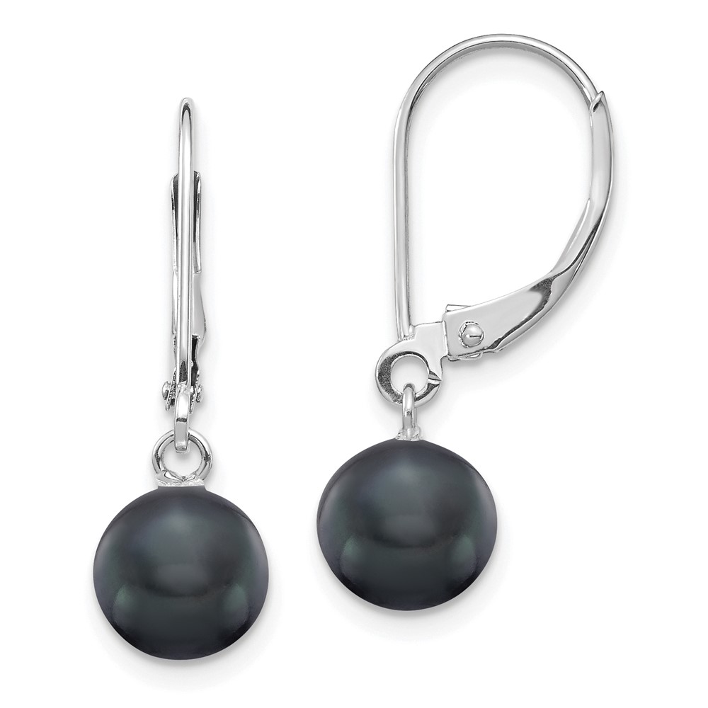 14k White Gold 7-8mm Black Round Freshwater Cultured Pearl Dangle Leverback Earrings (XF726E)