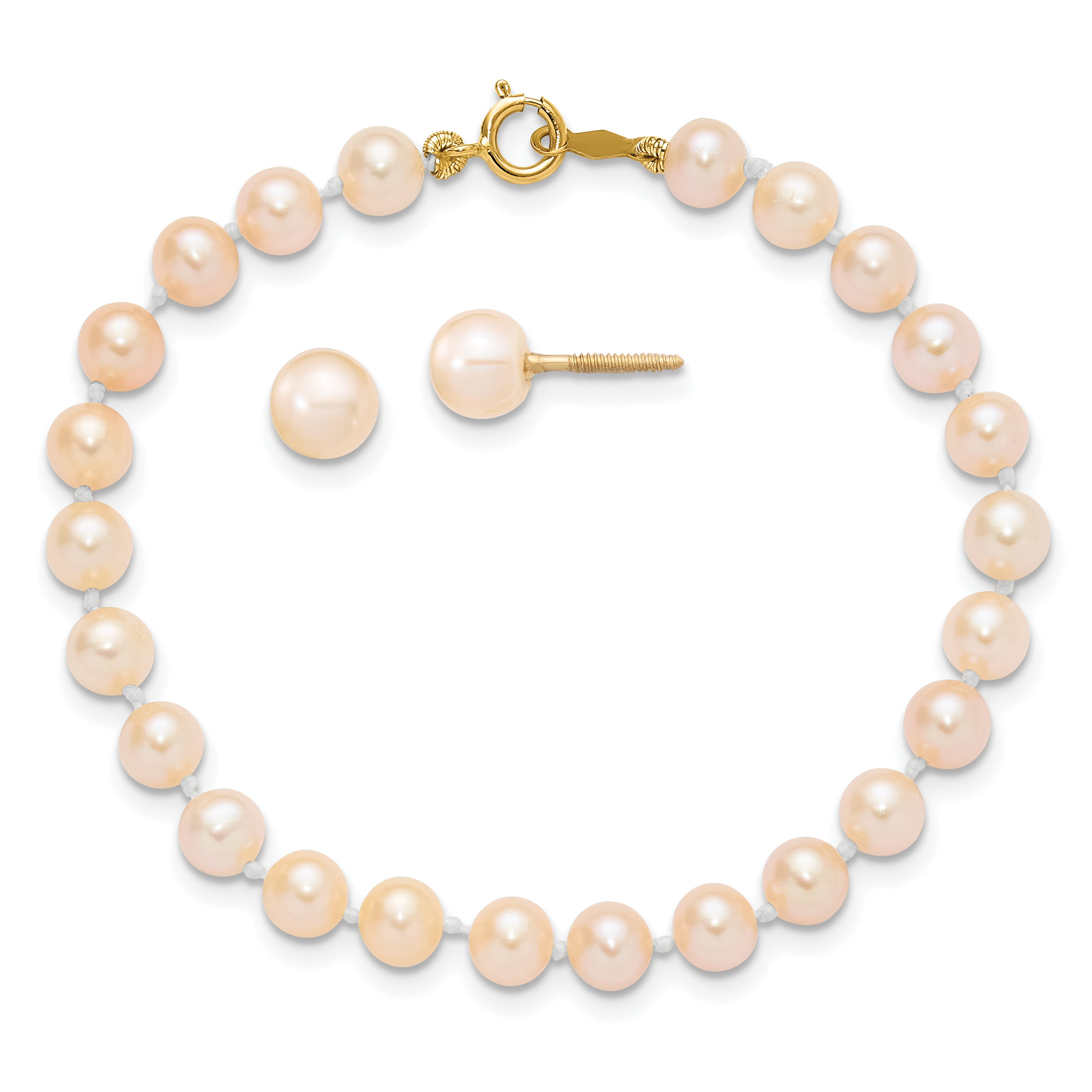 14k Madi K 4-5mm Pink Freshwater Cultured Pearl 5.5 inch Bracelet and Post Earrings Set (XF730SET)