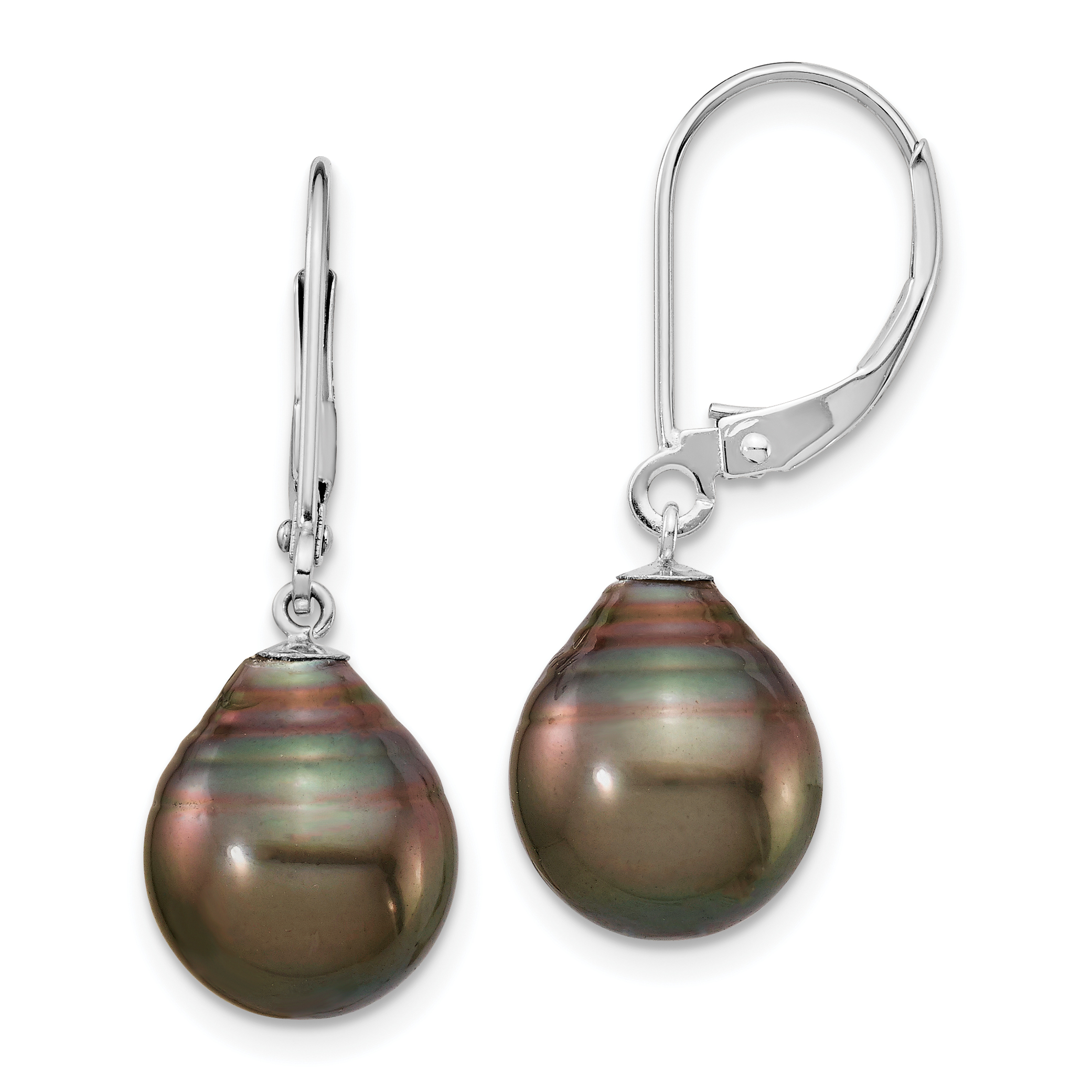 14k White Gold 10-11mm Black Teardrop Tahitian Saltwater Cultured Pearl Leverback Dangle Earrings (XF731E)
