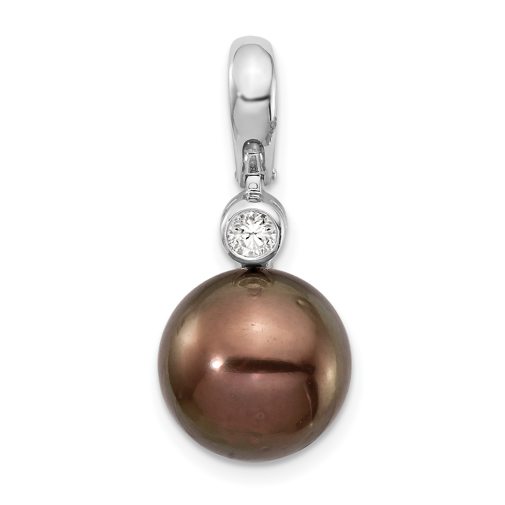 14k White Gold 10-11mm Black Round Tahitian Saltwater Cultured Pearl and .07 Carat Diamond Pendant (XF732)