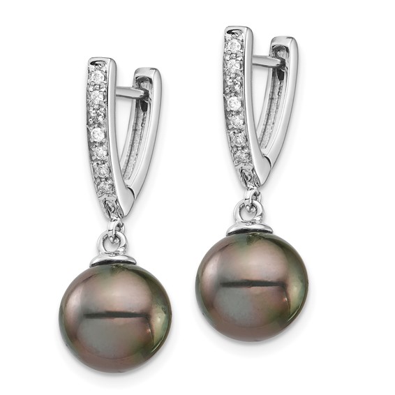 14k White Gold 9-10mm Black Round Tahitian Saltwater Cultured Pearl and .10 Carat Diamond Dangle Earrings