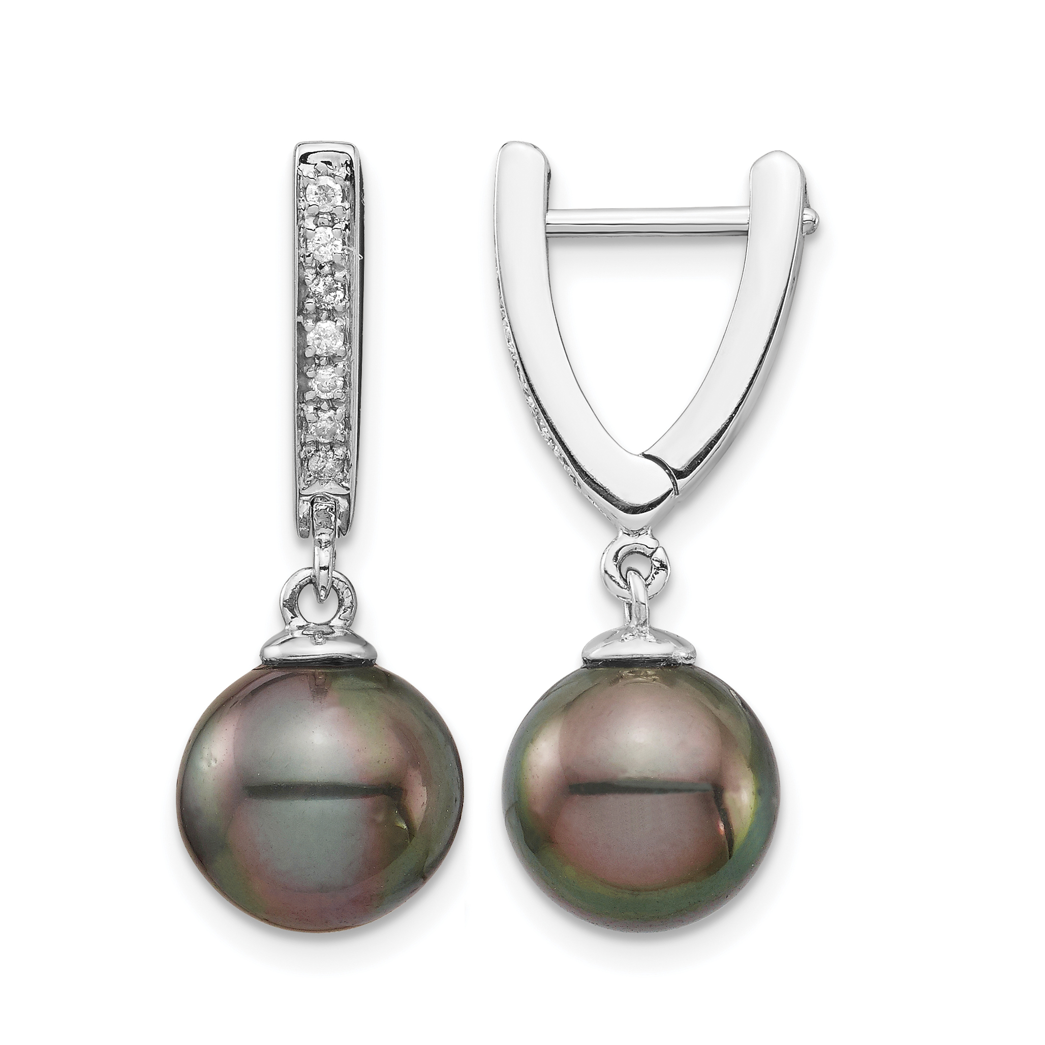 14k White Gold 9-10mm Black Round Tahitian Saltwater Cultured Pearl and .10 Carat Diamond Dangle Earrings (XF733E)