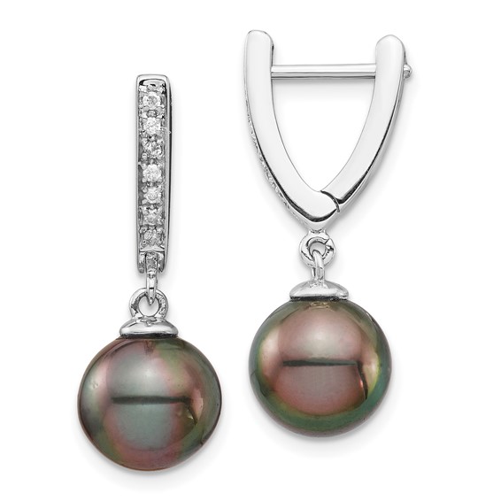 14k White Gold 9-10mm Black Round Tahitian Saltwater Cultured Pearl and .10 Carat Diamond Dangle Earrings