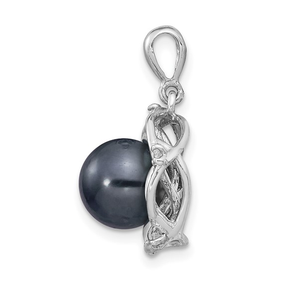 14k White Gold 8-9mm Black Round Tahitian Saltwater Cultured Pearl and .075 Carat Diamond Pendant