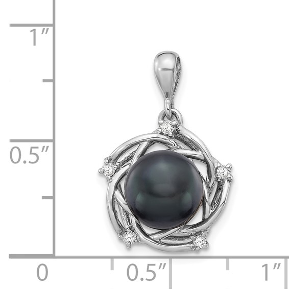 14k White Gold 8-9mm Black Round Tahitian Saltwater Cultured Pearl and .075 Carat Diamond Pendant