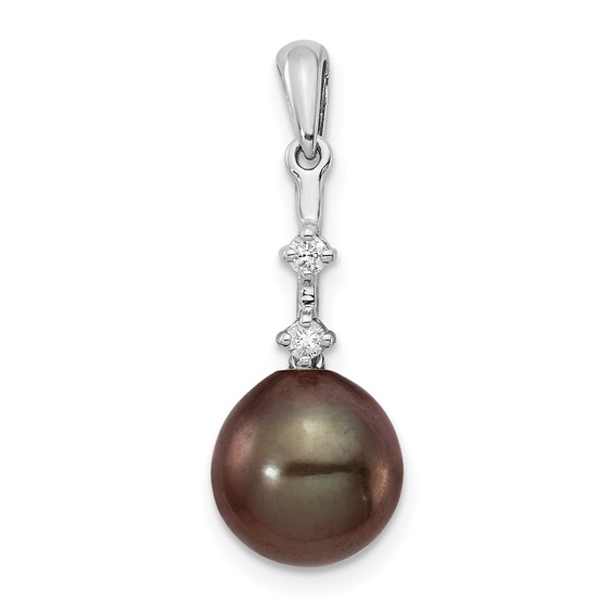 14k White Gold 8-9mm Black Teardrop Tahitian Saltwater Cultured Pearl and .04 Carat Diamond Pendant