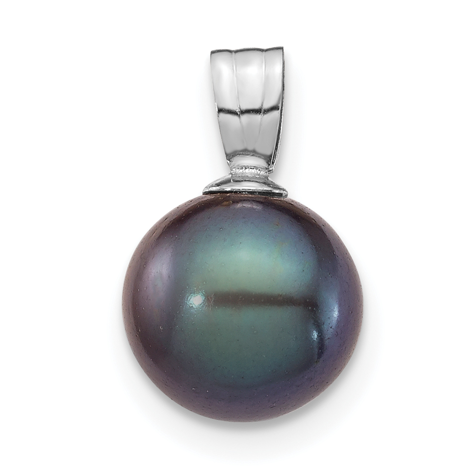 14K White Gold 8-9mm Black Round Freshwater Cultured Pearl Pendant (XF737)