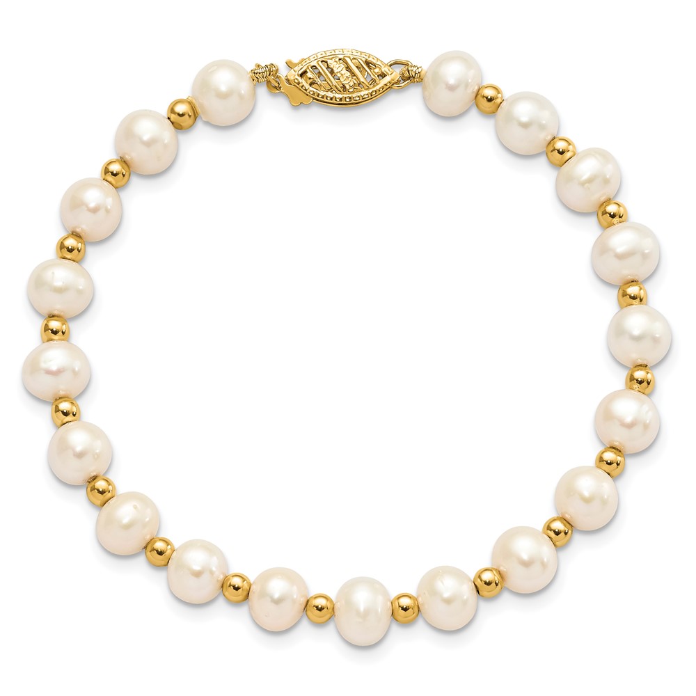 14k 6-7mm White Near-Round Freshwater Cultured Pearl Beaded 7 inch Bracelet (XF740-7)