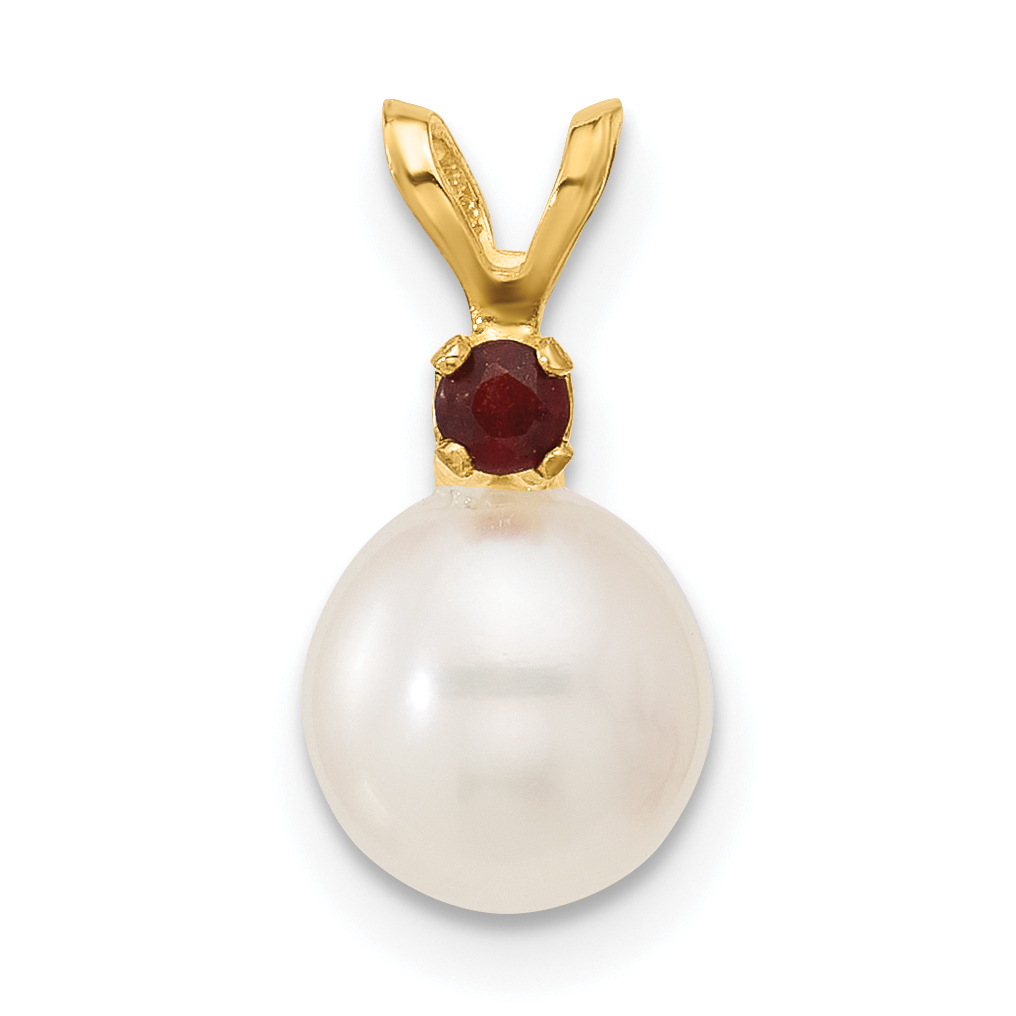 14k 7-7.5mm White Round Freshwater Cultured Pearl and .09GA Garnet Pendant (XF741/GA)