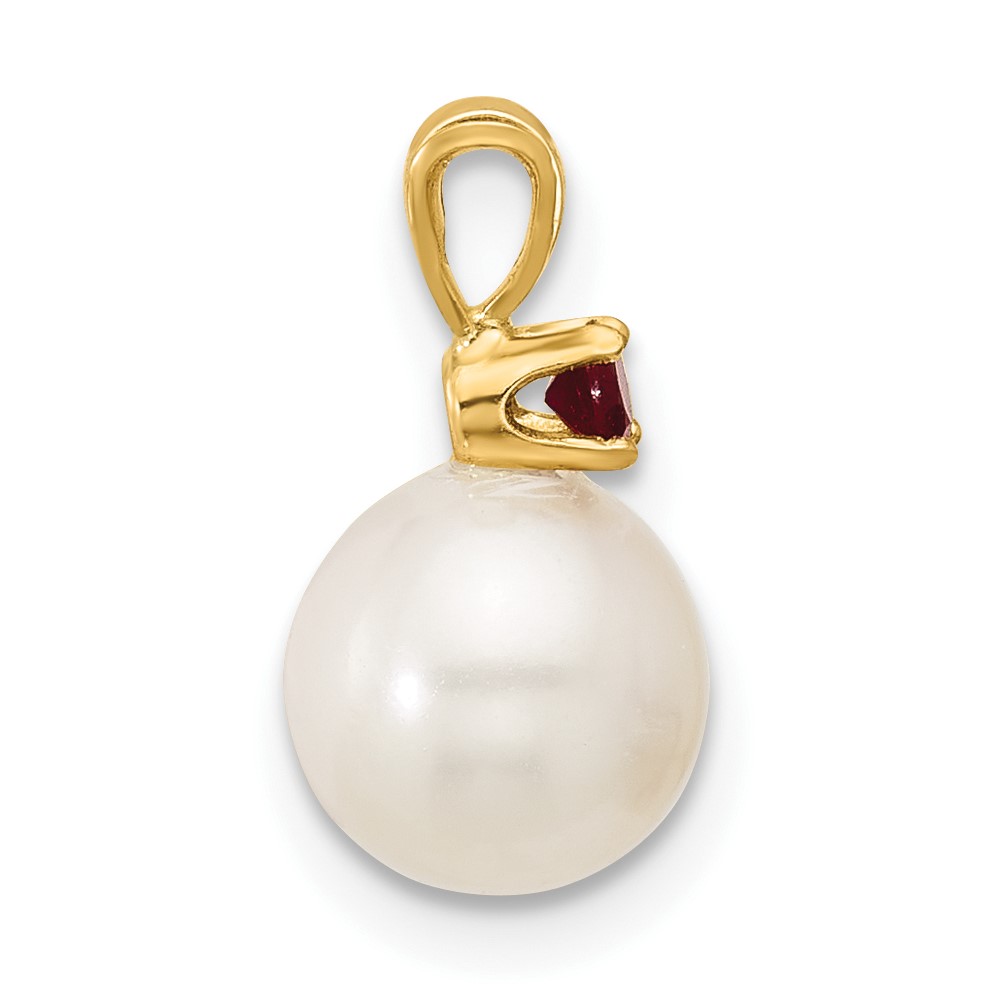 14k 7-7.5mm White Round Freshwater Cultured Pearl and .09RU Ruby Pendant (XF741/R)