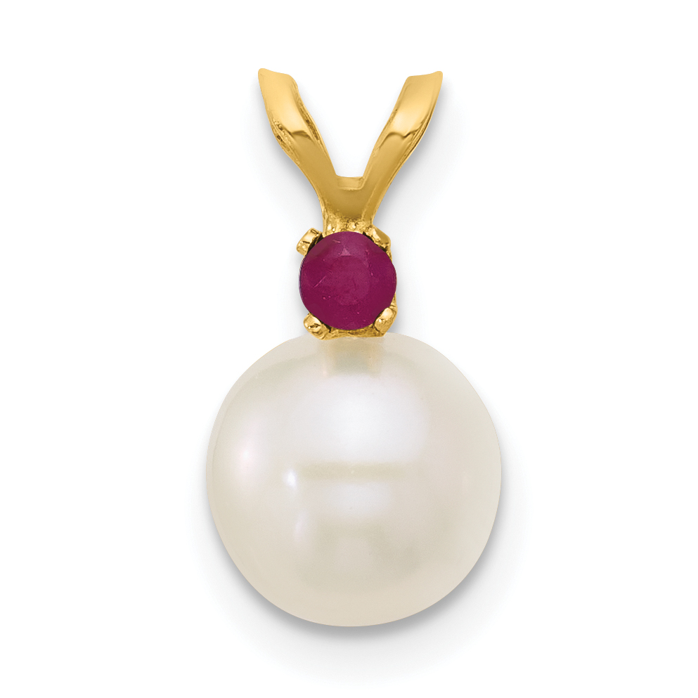 14k 7-7.5mm White Round Freshwater Cultured Pearl and .09RU Ruby Pendant (XF741/R)