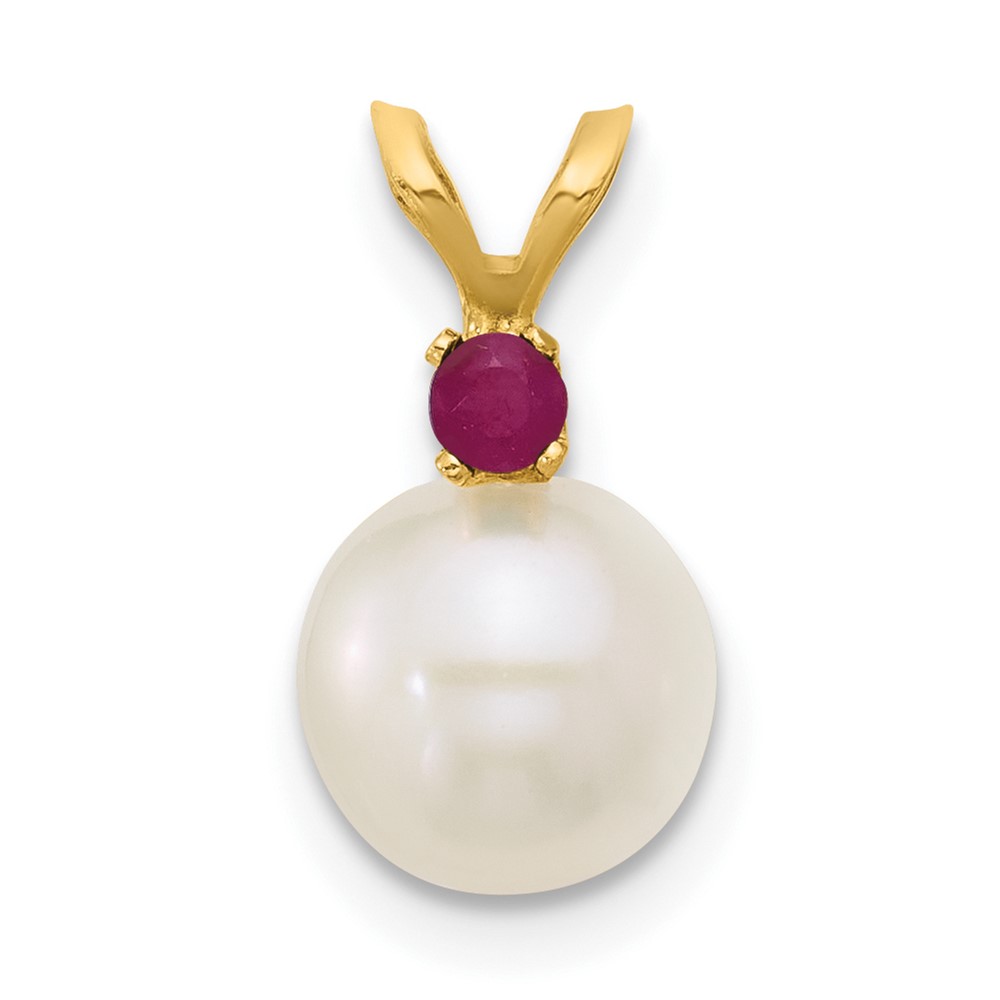 14k 7-7.5mm White Round Freshwater Cultured Pearl and .09RU Ruby Pendant (XF741/R)