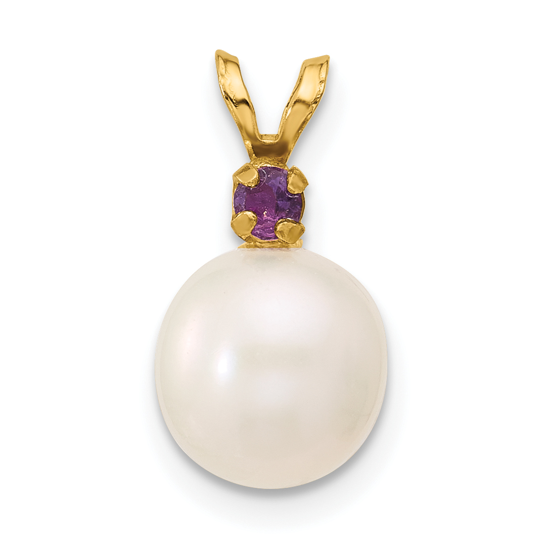 14k 8-8.5mm White Round Freshwater Cultured Pearl and .07AM Amethyst Pendant (XF742/AM)