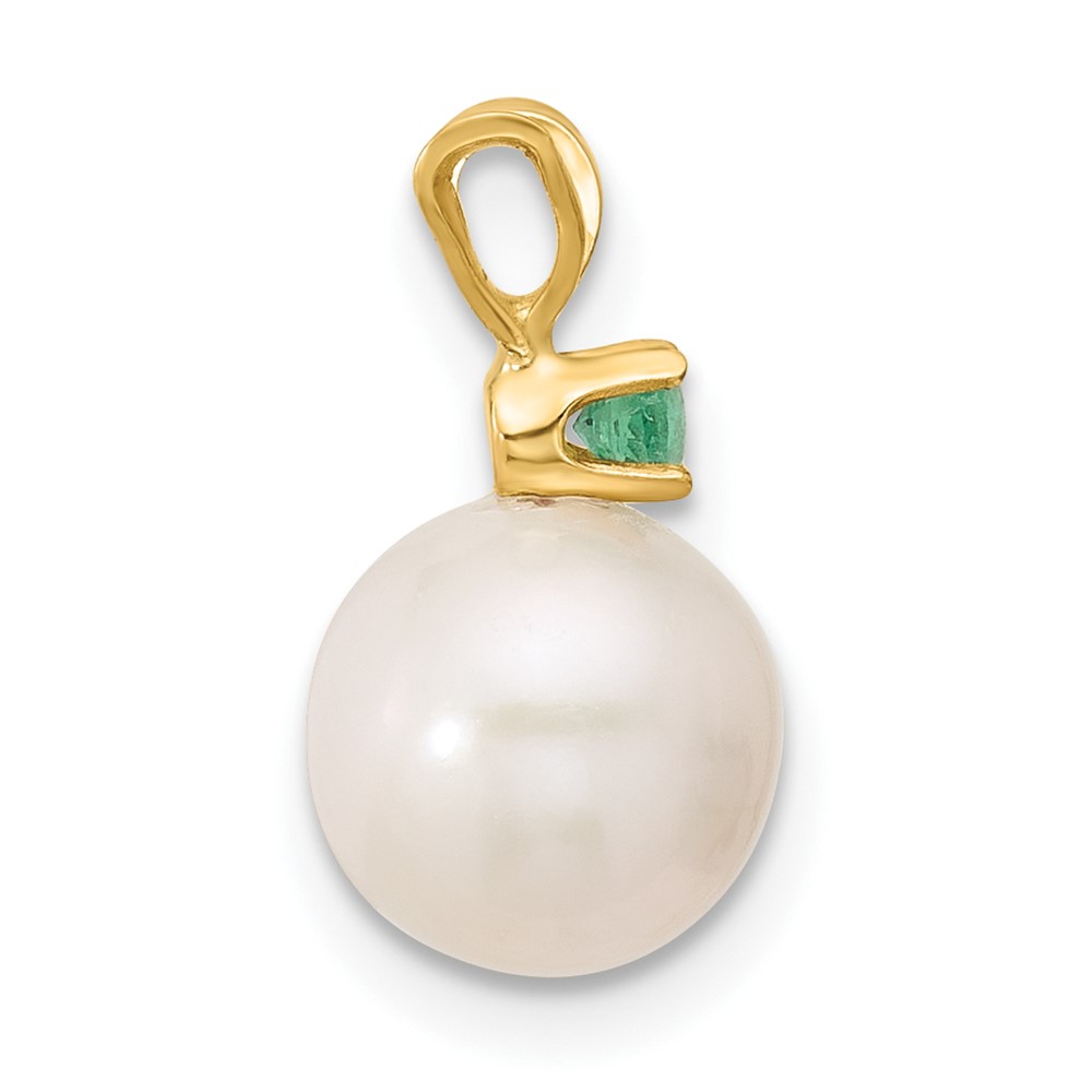 14k8-8.5mm White Round Freshwater Cultured Pearl and .09EM Emerald Pendant (XF742/E)