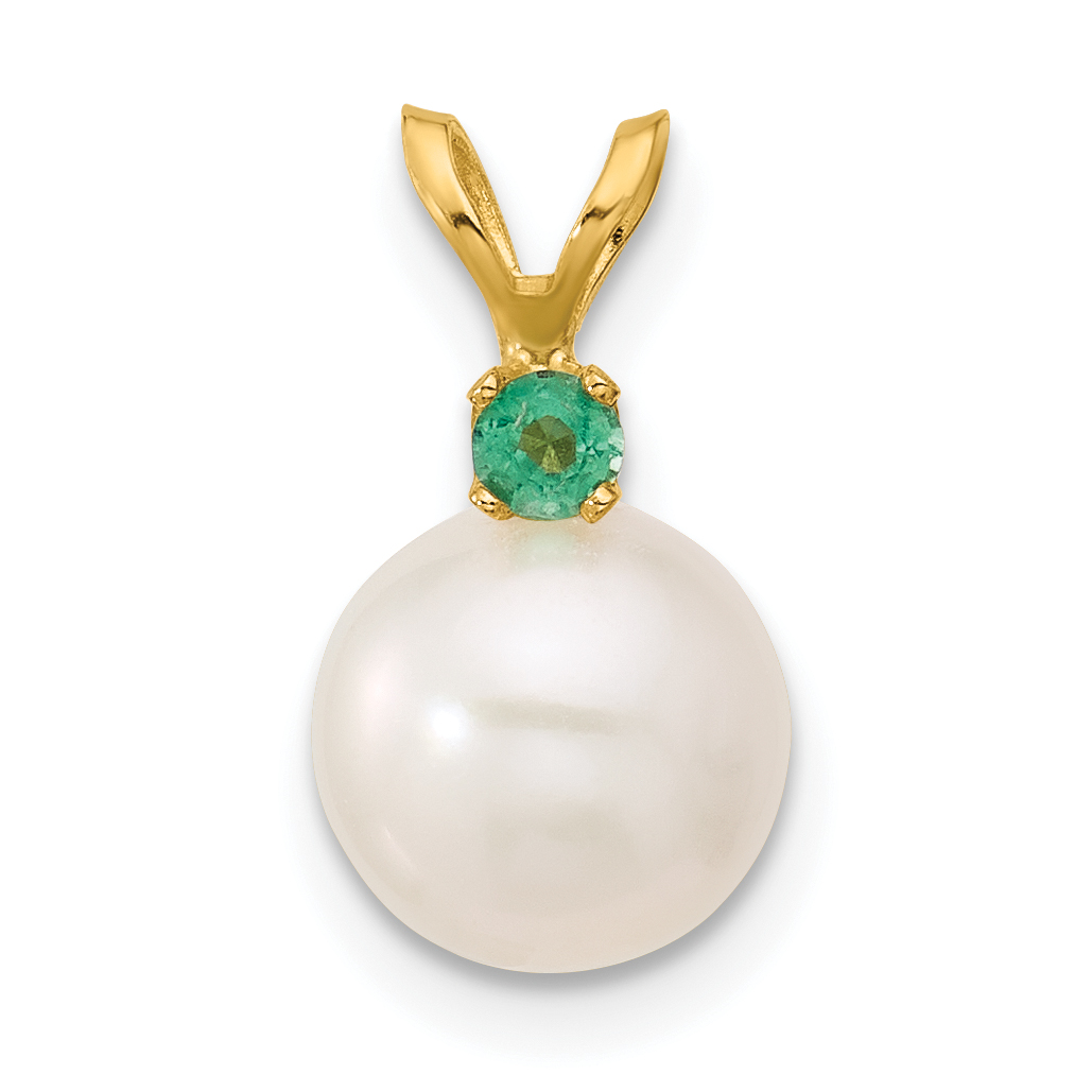 14k8-8.5mm White Round Freshwater Cultured Pearl and .09EM Emerald Pendant (XF742/E)
