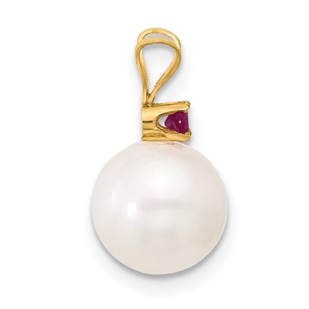 14k 8-8.5mm White Round Freshwater Cultured Pearl and .09RU Ruby Pendant (XF742/R)