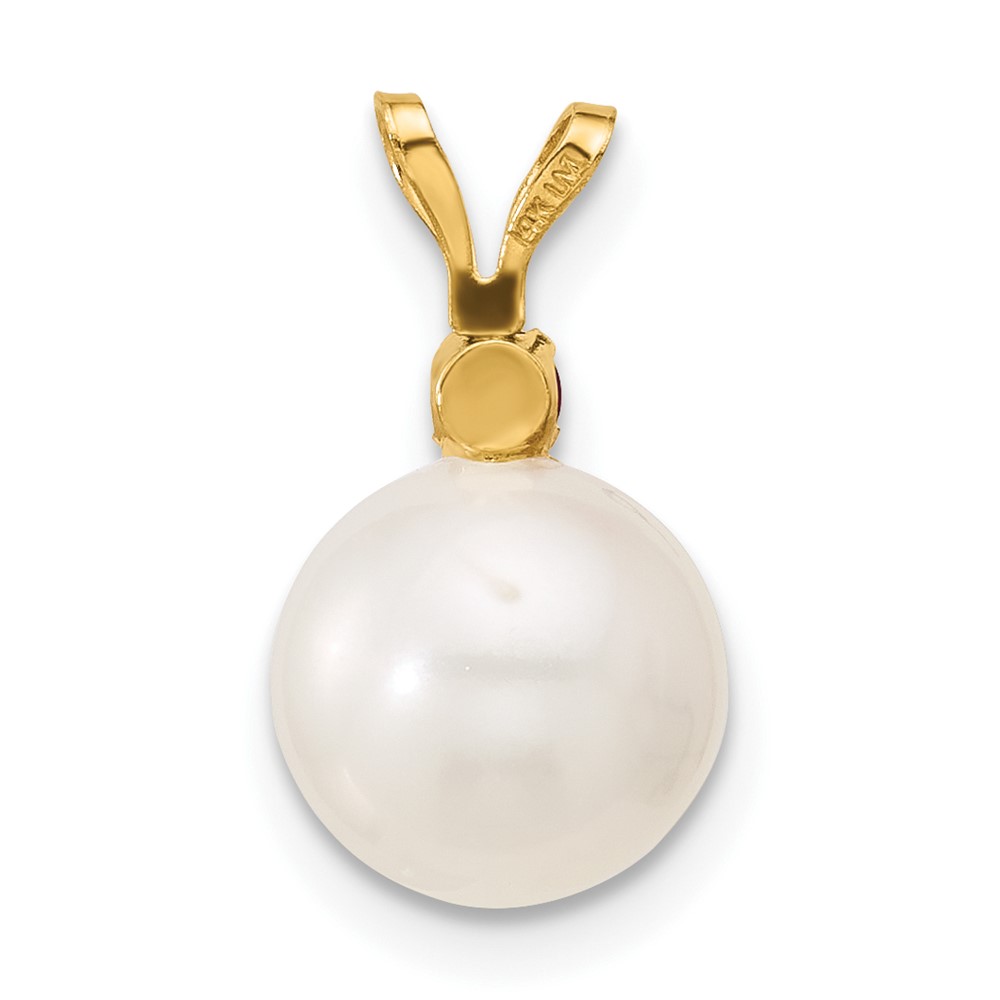 14k 8-8.5mm White Round Freshwater Cultured Pearl and .09RU Ruby Pendant (XF742/R)