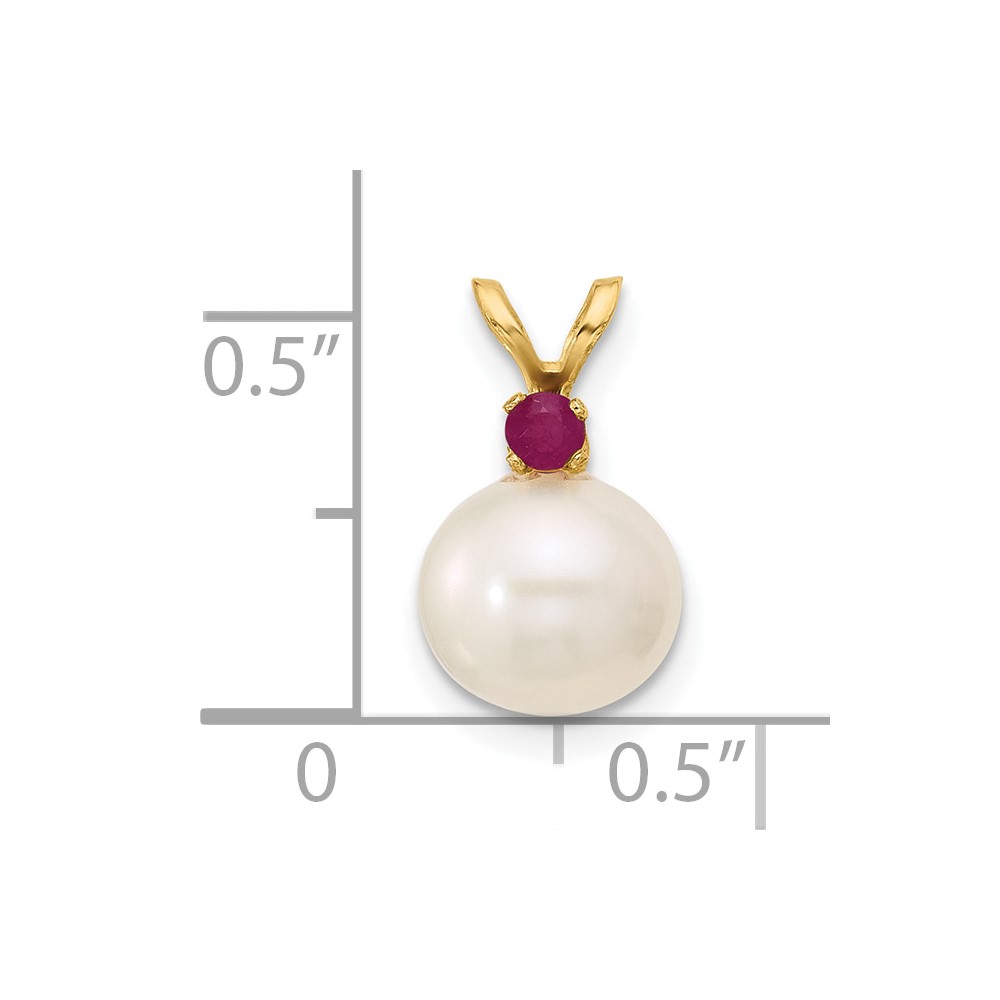 14k 8-8.5mm White Round Freshwater Cultured Pearl and .09RU Ruby Pendant (XF742/R)