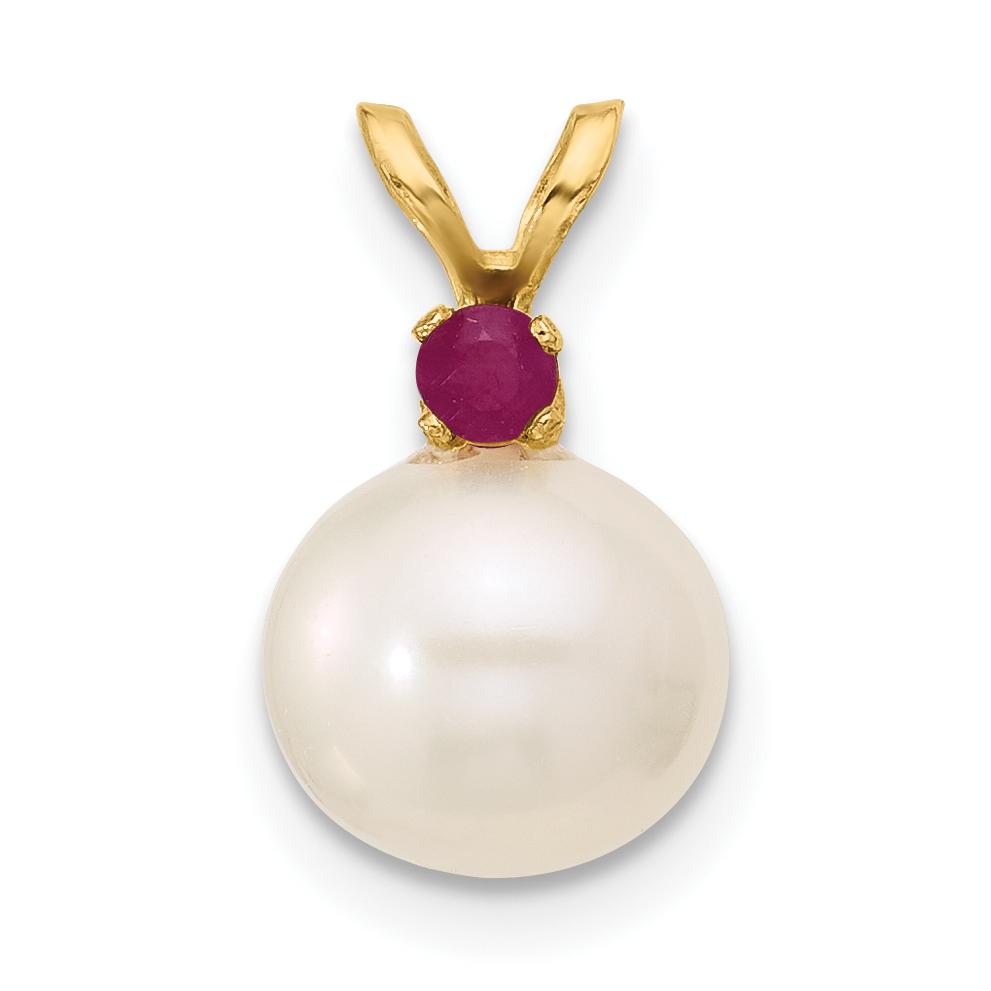 14k 8-8.5mm White Round Freshwater Cultured Pearl and .09RU Ruby Pendant (XF742/R)