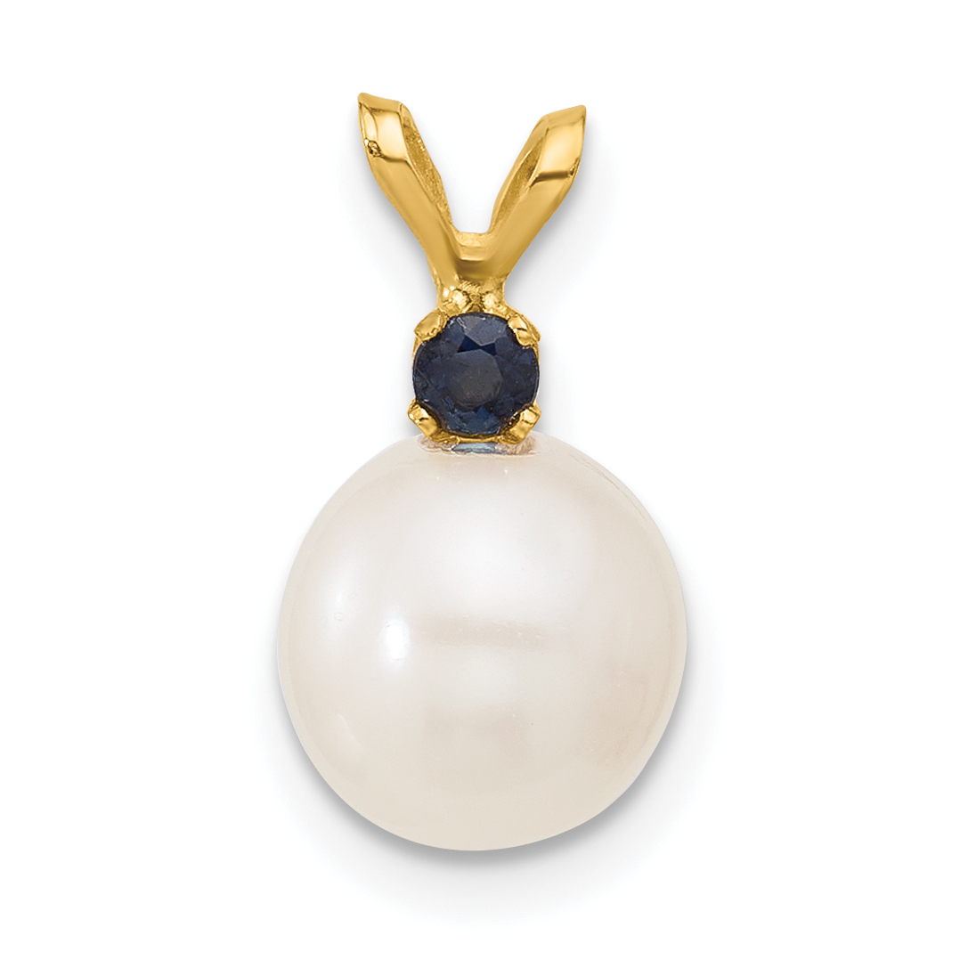 14k 8-8.5mm White Round Freshwater Cultured Pearl and .09SA Sapphire Pendant (XF742/S)