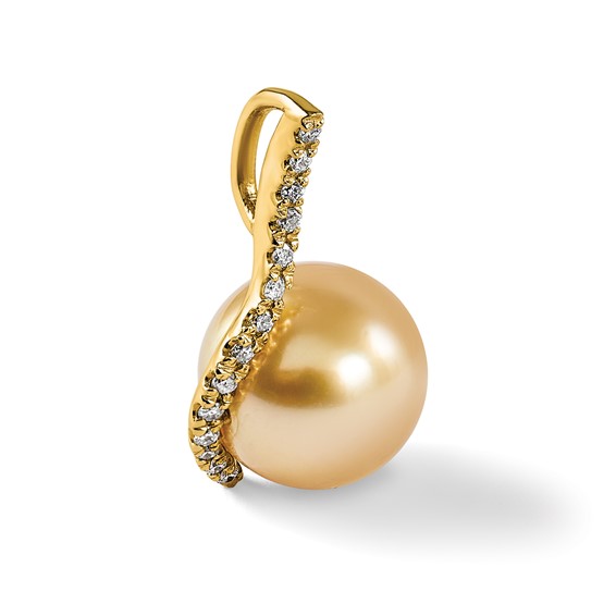 14k 10-11mm Round Golden South Sea Saltwater Cultured Pearl and .125 Carat Diamond Pendant