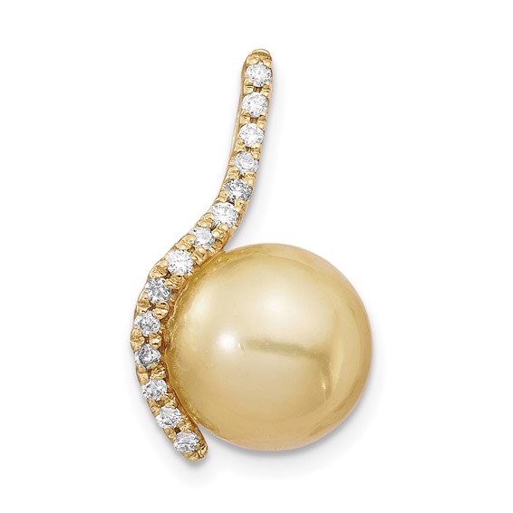 14k 10-11mm Round Golden South Sea Saltwater Cultured Pearl and .125 Carat Diamond Pendant