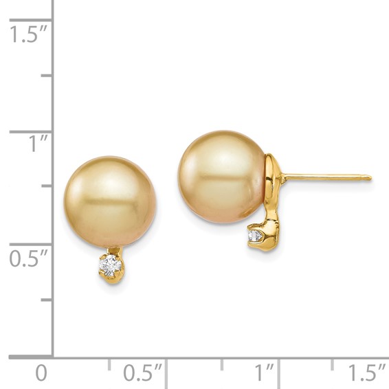 14k 9-10mm Round Golden South Sea Saltwater Cultured Pearl and .10 Carat Diamond Post Earrings