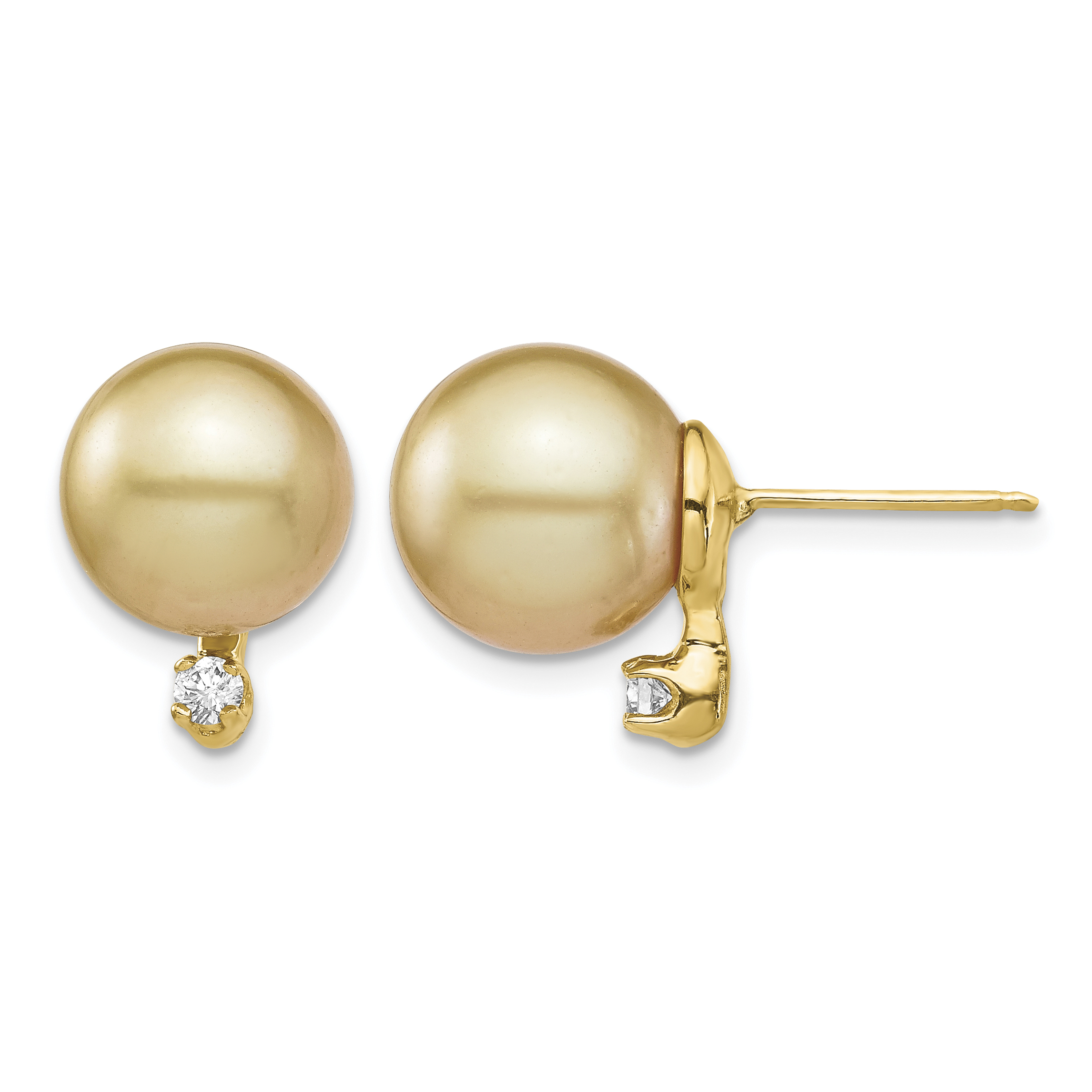 14k 9-10mm Round Golden South Sea Saltwater Cultured Pearl and .10 Carat Diamond Post Earrings (XF747E)