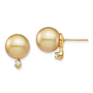 14k 9-10mm Round Golden South Sea Saltwater Cultured Pearl and .10 Carat Diamond Post Earrings