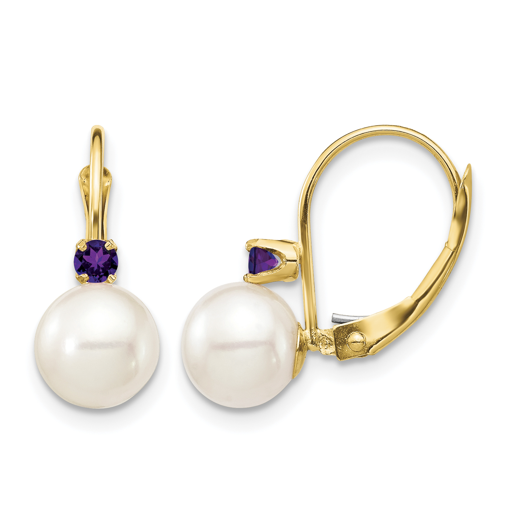 14k 7-7.5mm White Round Freshwater Cultured Pearl and .14AM Amethyst Leverback Earrings (XF751E/AM)