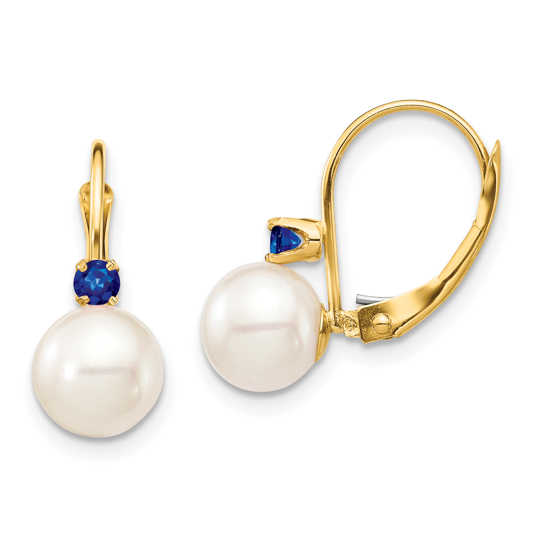 14k 7-7.5mm White Round Freshwater Cultured Pearl and .18SA Sapphire Leverback Earrings (XF751E/S)