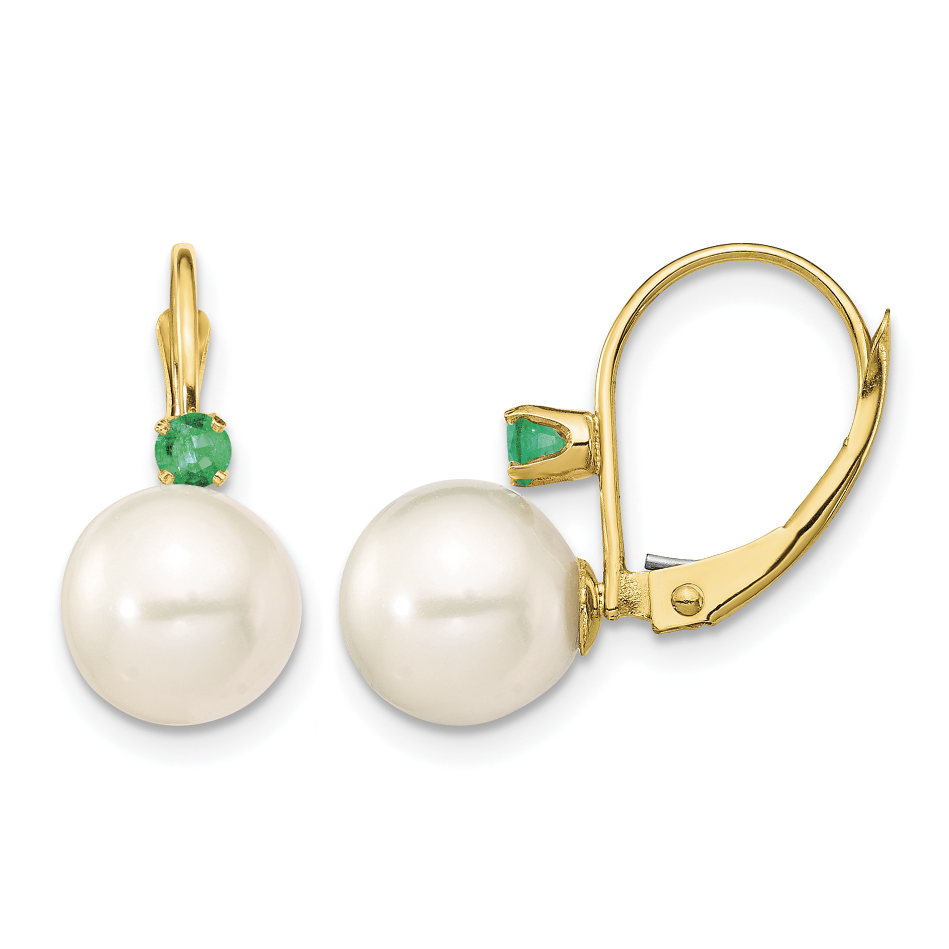 14k 8-8.5mm White Round Freshwater Cultured Pearl and .18EM Emerald Leverback Earrings (XF752E/E)