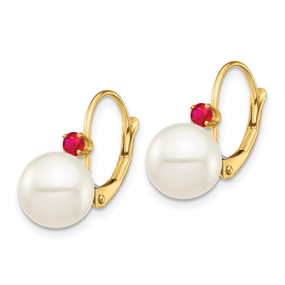 14k 8-8.5mm White Round Freshwater Cultured Pearl and .18RU Ruby Leverback Earrings (XF752E/R)