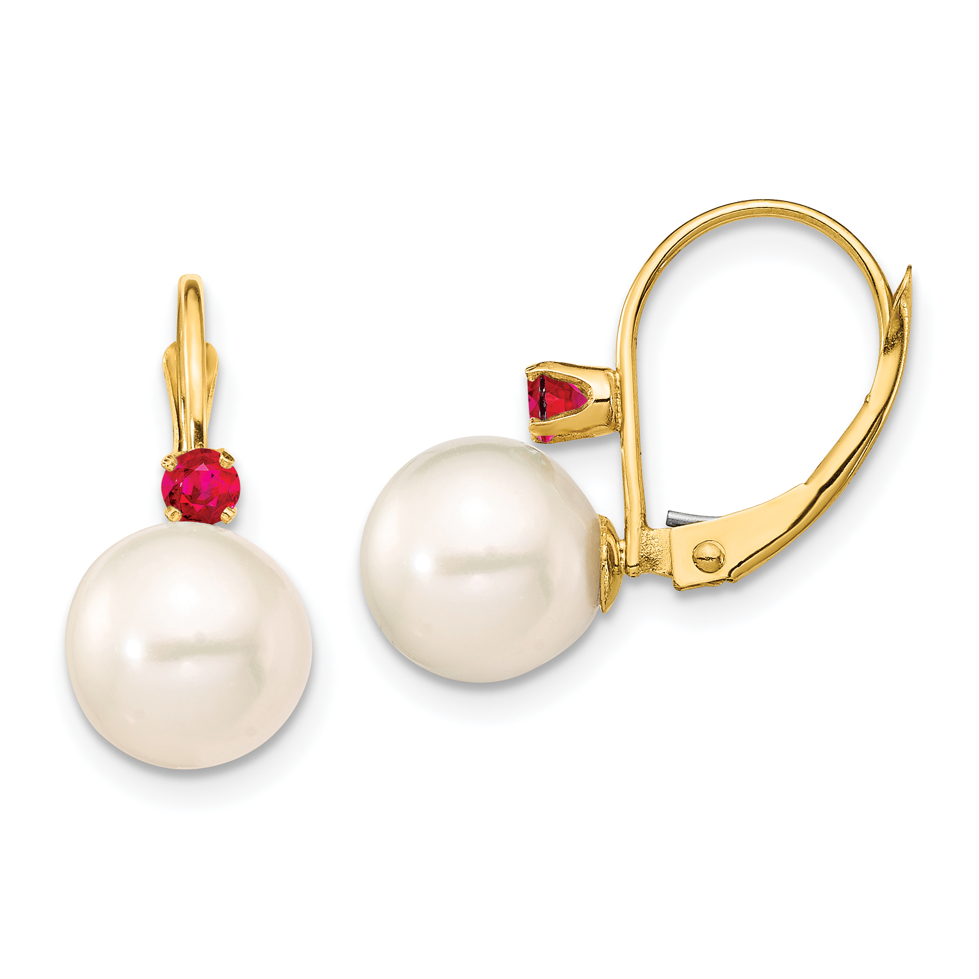 14k 8-8.5mm White Round Freshwater Cultured Pearl and .18RU Ruby Leverback Earrings (XF752E/R)