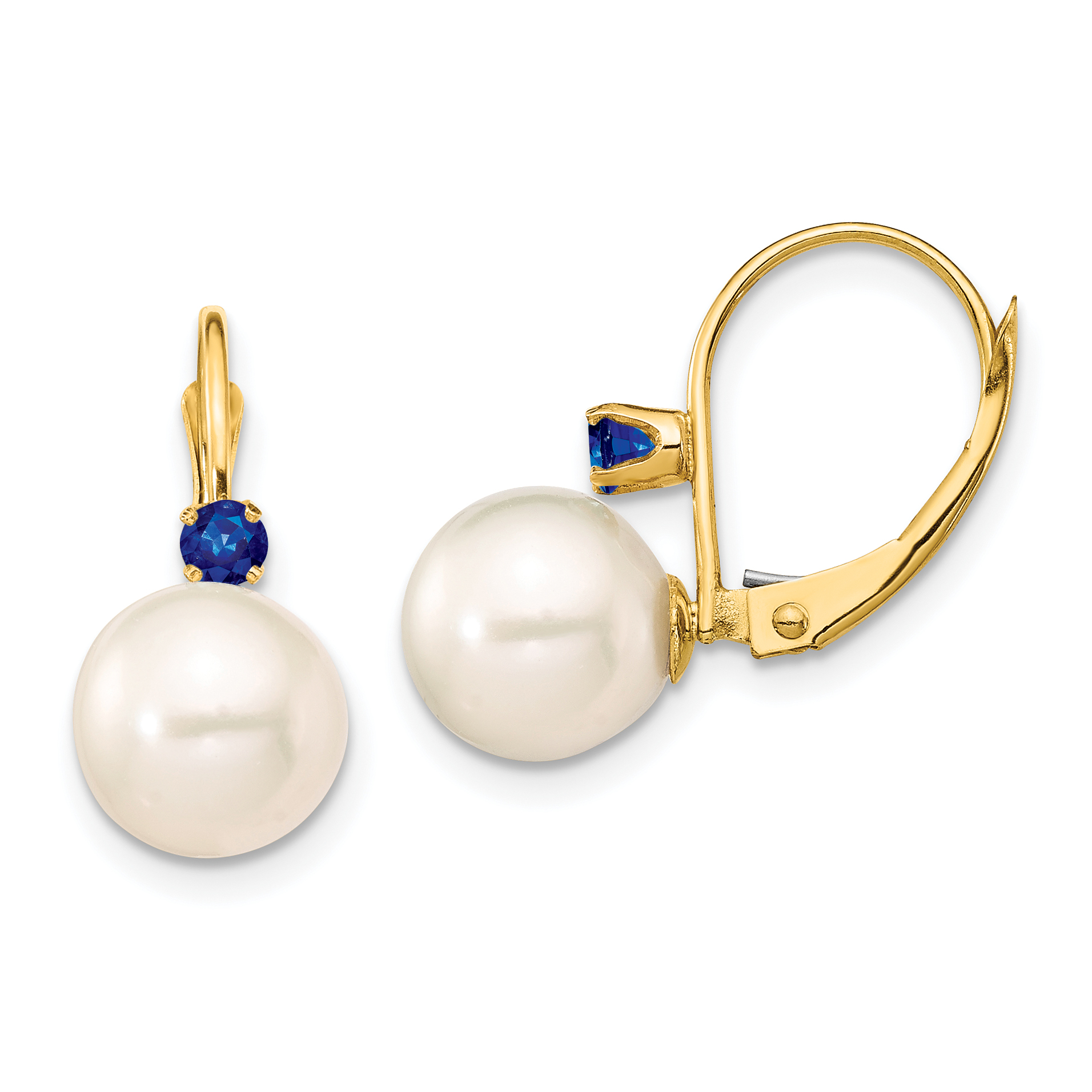 14k 8-8.5mm White Round Freshwater Cultured Pearl and .18SA Sapphire Leverback Earrings (XF752E/S)