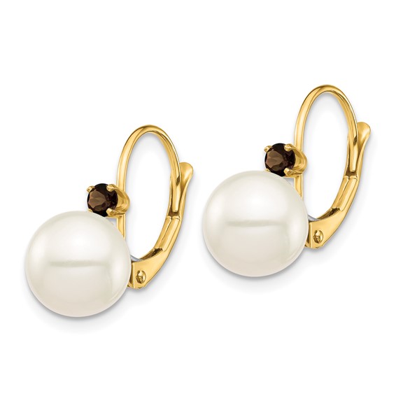 14K 8-8.5mm White Round FWC Pearl Smokey Quartz Leverback Earrings