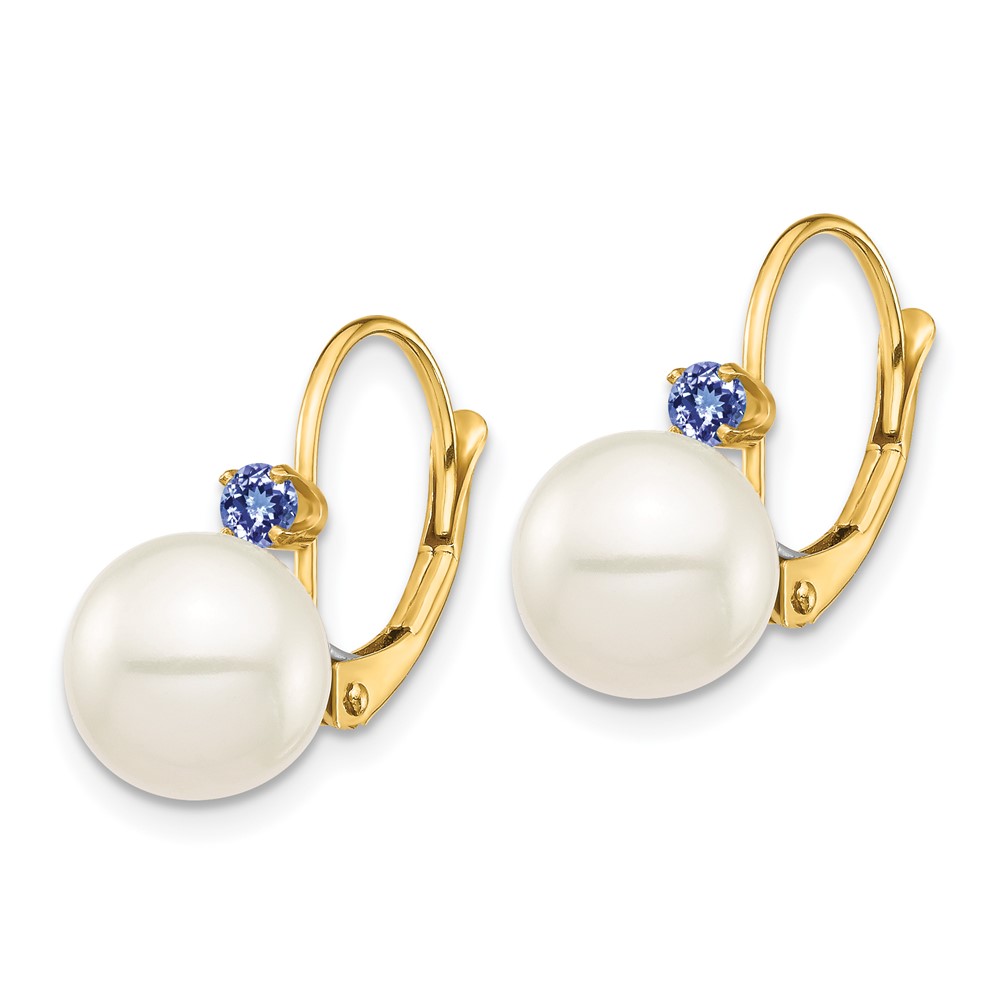 14k 8-8.5mm White Round Freshwater Cultured Pearl and .14TZ Tanzanite Leverback Earrings (XF752E/TZ)